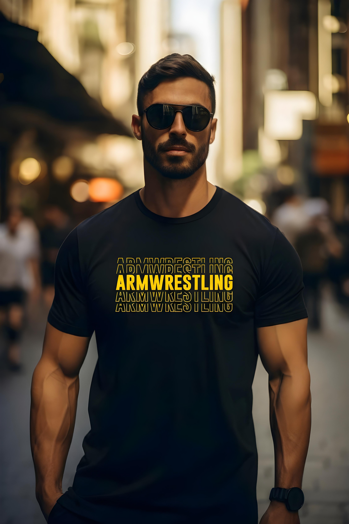 T-shirt with Armwrestling text in yellow #1 - COTTON